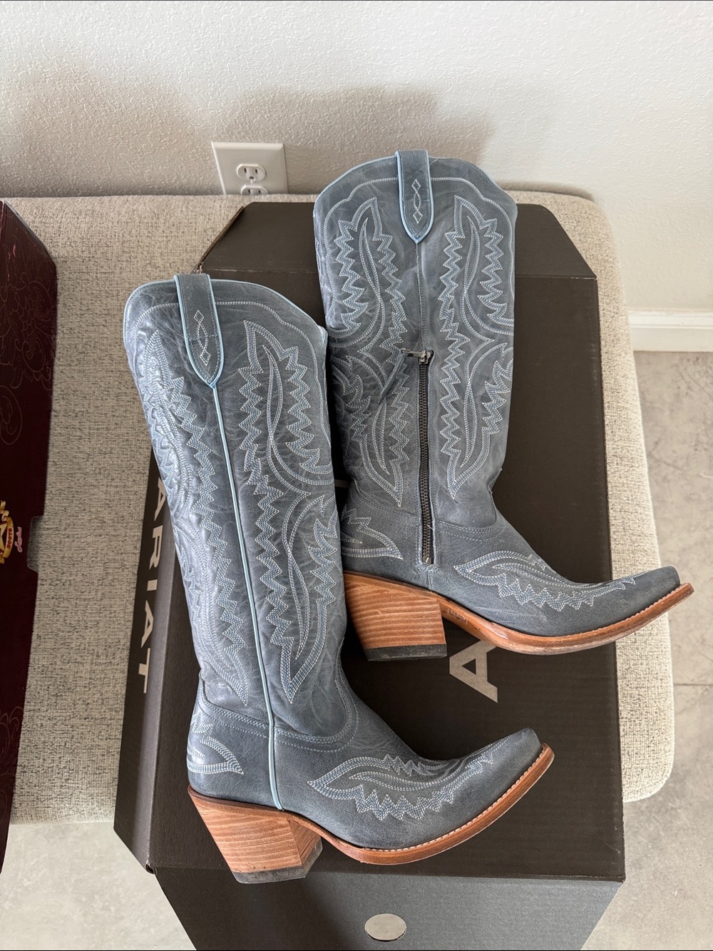 Ariat light blue Embroidered Western Boots with Brown Heel